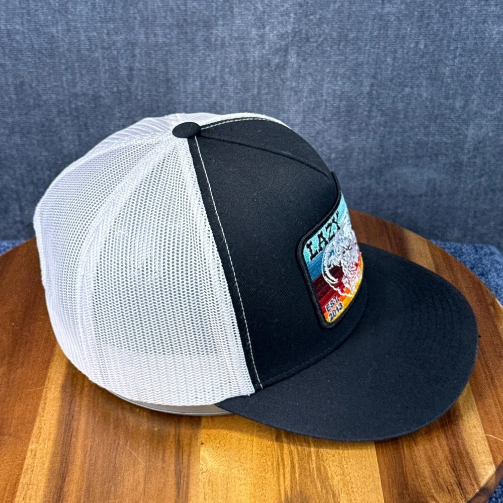 Lazy J Ranch Wear Trucker Hat OSFM Black White Polyester Cotton Snapback